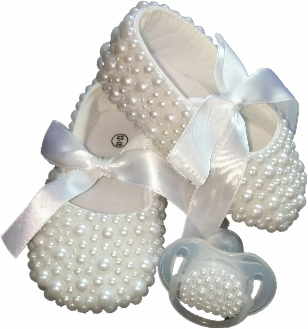 Dollbling Christening Handmade White Pearls Baby Shoes and Pacifier Set, Baby Birthday Gifts Keepsake