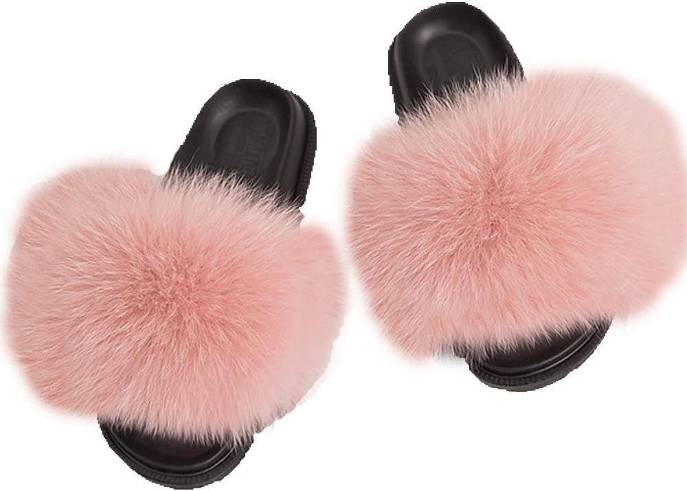 DAYISS Women Real Fox Fur Slippers Summer Feather Open Toe Single Strap Slip On Sandals