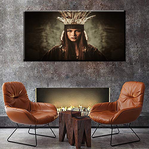 TUMOVO Canvas Wall Art Native American Indian Girl White Feather Woman in Traditional Indian Garment and Headdress Portrait Canvas Picture for Living Room Home Decor Frame Painting (24''Wx48''H) - Thumbnail 2