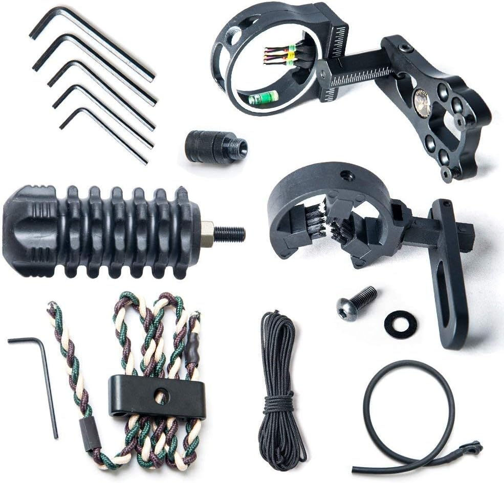 Compound Bow Archery Essential Archer Upgrade Combo Sight Kits Shooting Hunting Set Including 5-pin Bow Sight, Arrow Rest, Stabilizer, Braided Bow Sling, Peep Sight,D-Loop (5 pin Sight+6pcs Set)