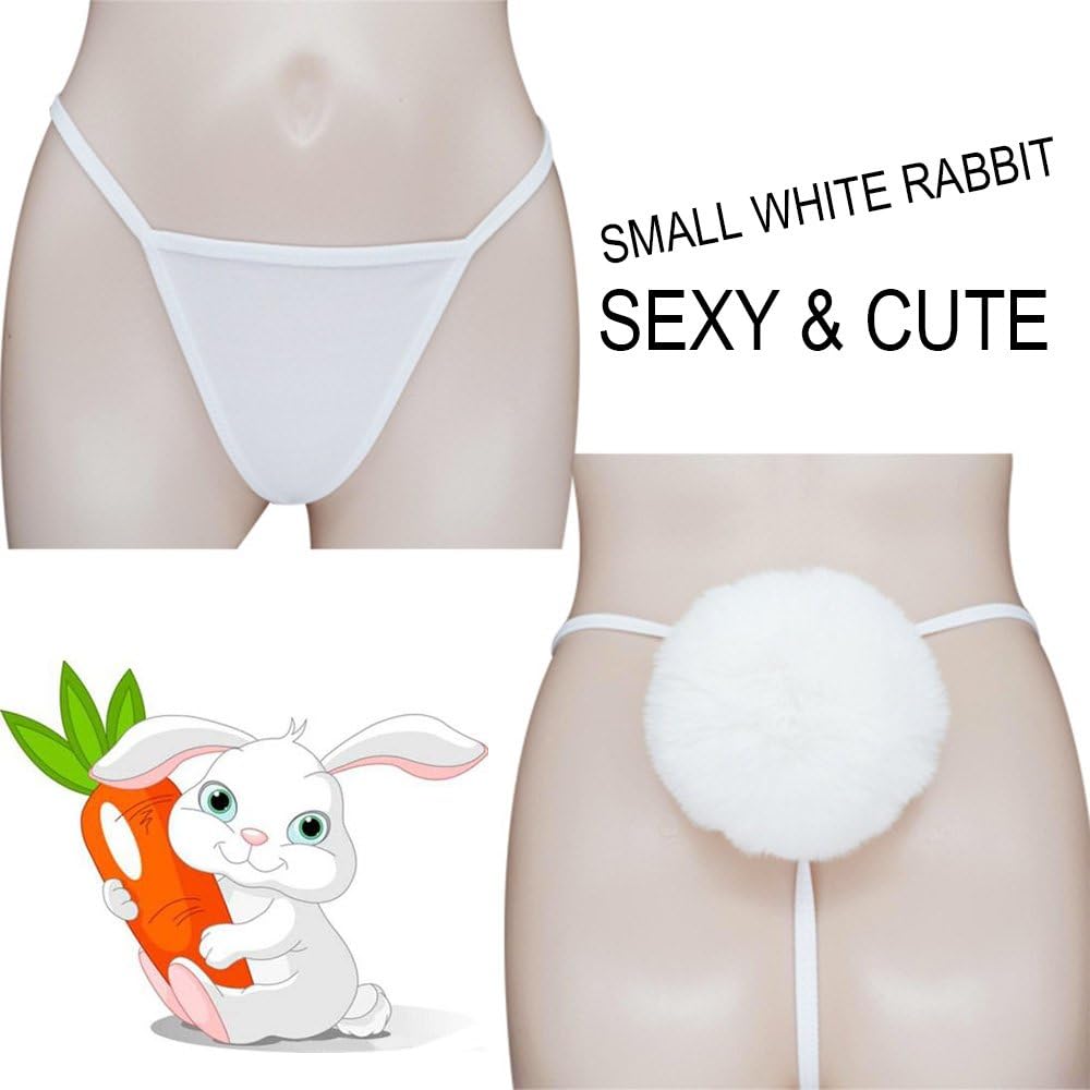 TOMORI Womens Sexy Thong Pantie Cute Rabbit Tail G-String Fur Ball Bikini T-Back Cosplay Underwear (White): Clothing