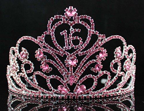 Janefashions Sweet Sixteen 16 Birthday Party Rhinestone Tiara Crown w/ Hair Combs T1863p Pink