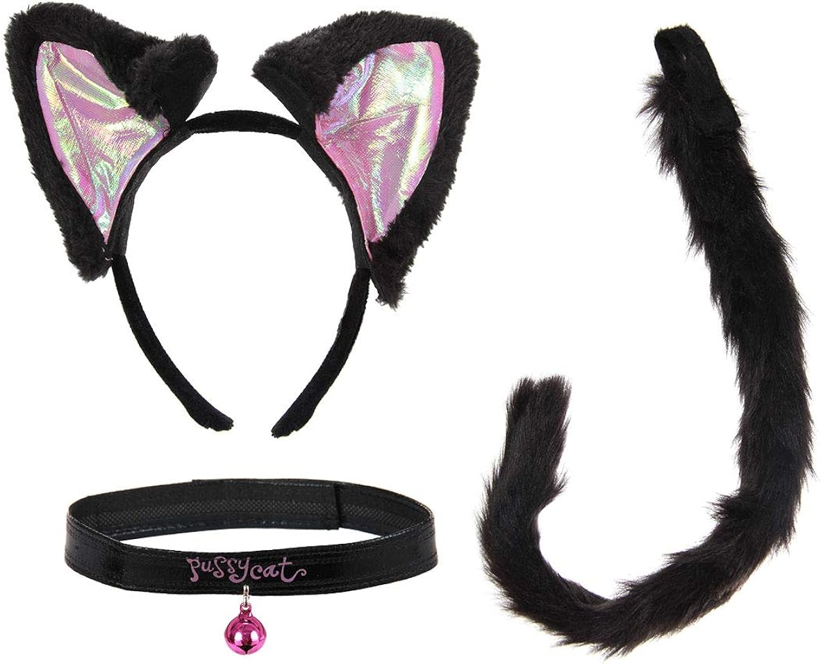 Pink and Black Kitty Cat Costume Ears Headband, Tail and