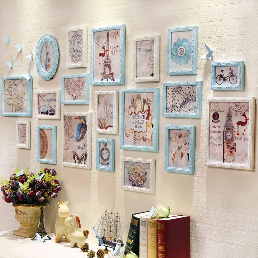 楽天ランキング1位 Alus 19マルチフォトフレームセットホワイトヨーロピアンスタイル木製フォトフレーム ブルー彫刻とパーソナリティリビングルーム寝室スタディ壁組み合わせフォトフレーム ブルー ホワイト B07b2r28b1 格安 Ijsl Pubmedia Id