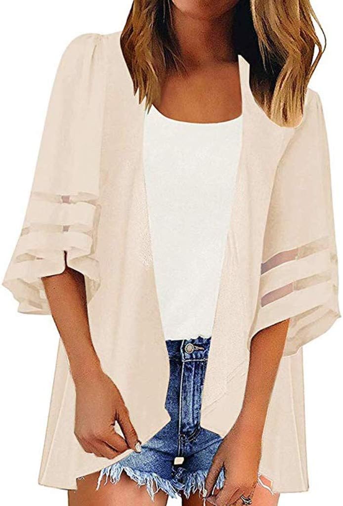 HIRIRI Women Chiffon Casual Loose Kimono Cardigan Mesh Panel 3/4 Bell Sleeve Shirt Tops