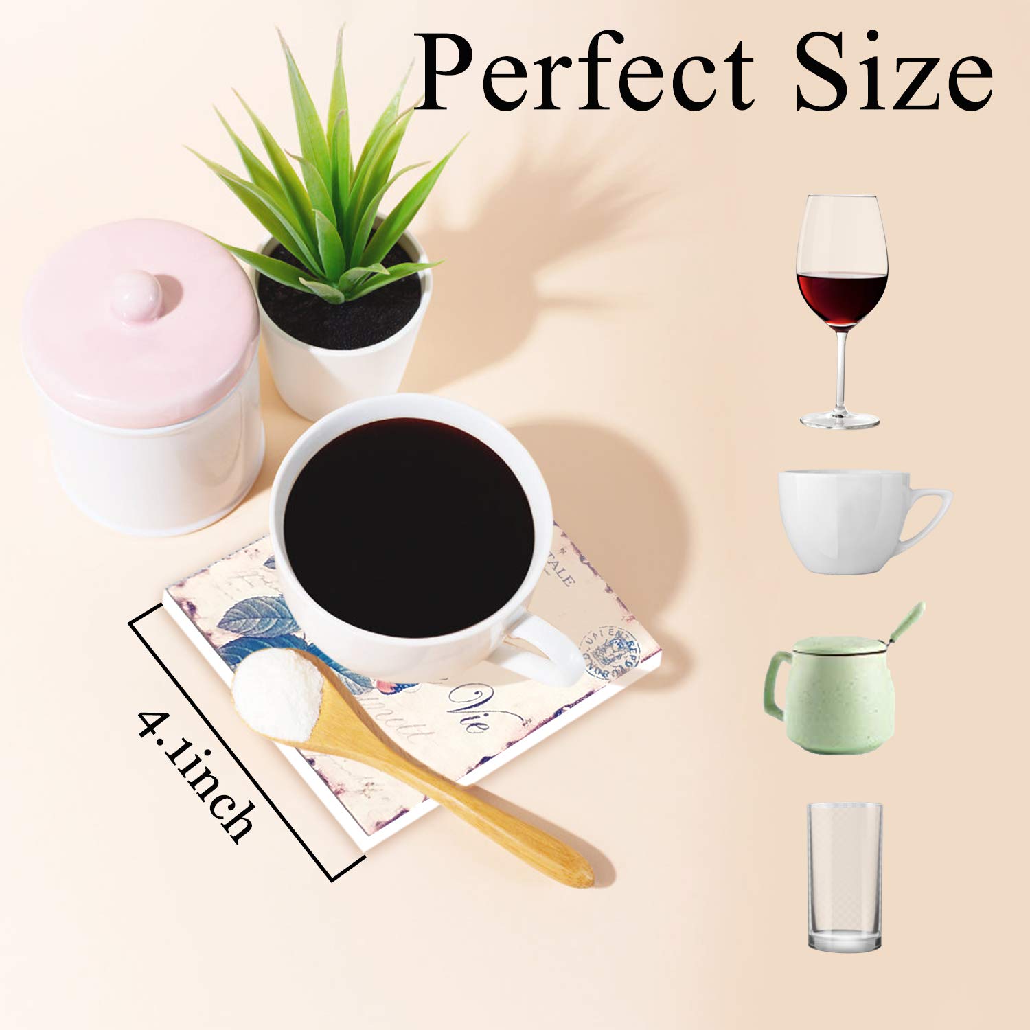 LoveHome Decor Coaster for Drinks,6 PCS,Retro Floral Wooden Coasters Set with Holder, Heat-Resistant Reusable Saucers for Cold Drinks Wine Glasses Plants Cups & Mugs