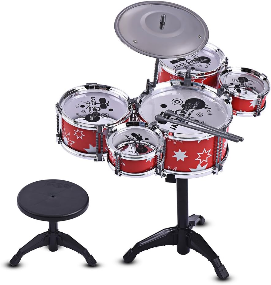 Children Kids Jazz Drum Set Kit Musical Educational Instrument Toy 5 Drums + 1 Cymbal with Small Stool Drum Sticks for Boys Girls Red