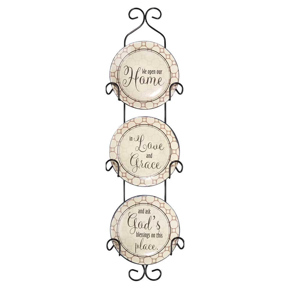 We Open Our Home Ceramic Mini Wall Plates With Metal Display Rack, Set of 3