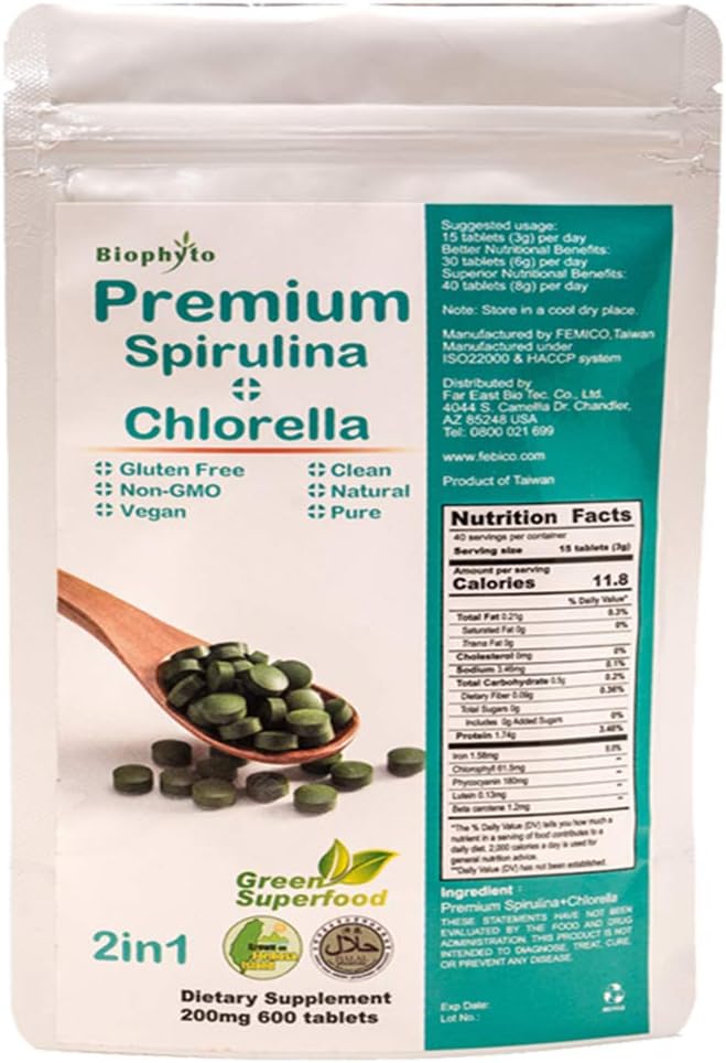 Chlorella Spirulina 2 in 1 Tablets- 600 Counts- Broken Cell Wall- 40 Days Supply- Vegan Protein- Non-GMO- Iron, B12, Chlorophyll, Phycocyanin, Zinc, Calcium- 100% Pure- Natural Energy -by Biophyto