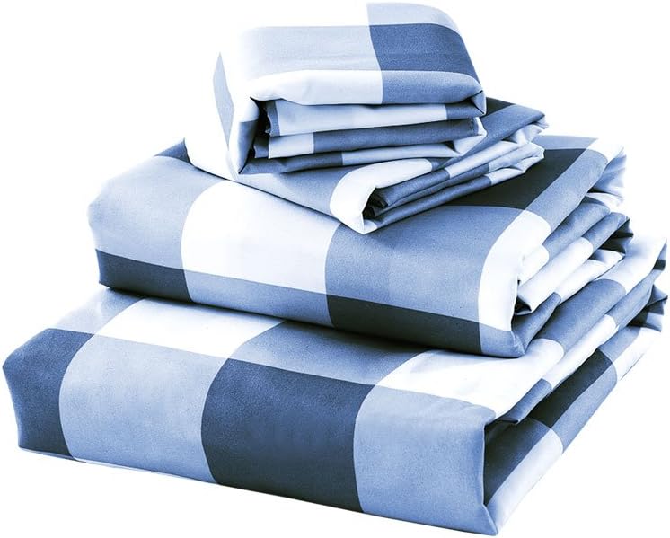 BASIC CHOICE Brushed Microfiber Bed Sheet Set, Gingham Blue, Twin, 3 Pieces