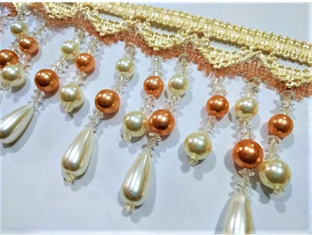 50 cm Leather Trimmings with Organza Fringe Beaded Pendants Various Sizes of Cream and Antique Pink Height: 10 cm