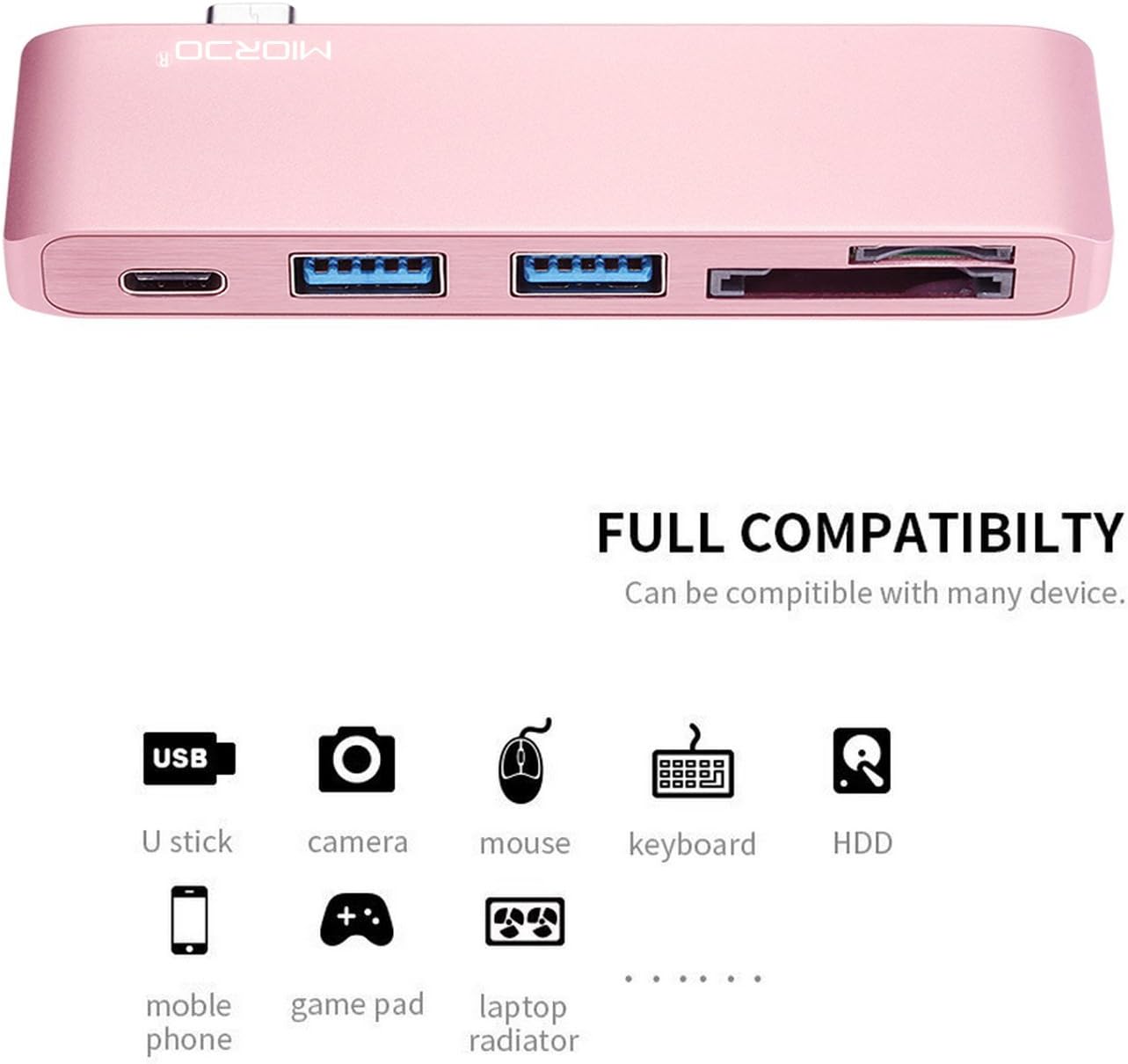 USB C 3.1 Hub Adapter, MIORDO 5 in 1 Multiport Type-C Adapter with USB-C Charging Port, 2 USB 3.0 Ports, SD/Micro SD Card Reader for 12 inch Macbook Pro 2016 13 inch 15 inch, All USB-C Devices, Rose Gold