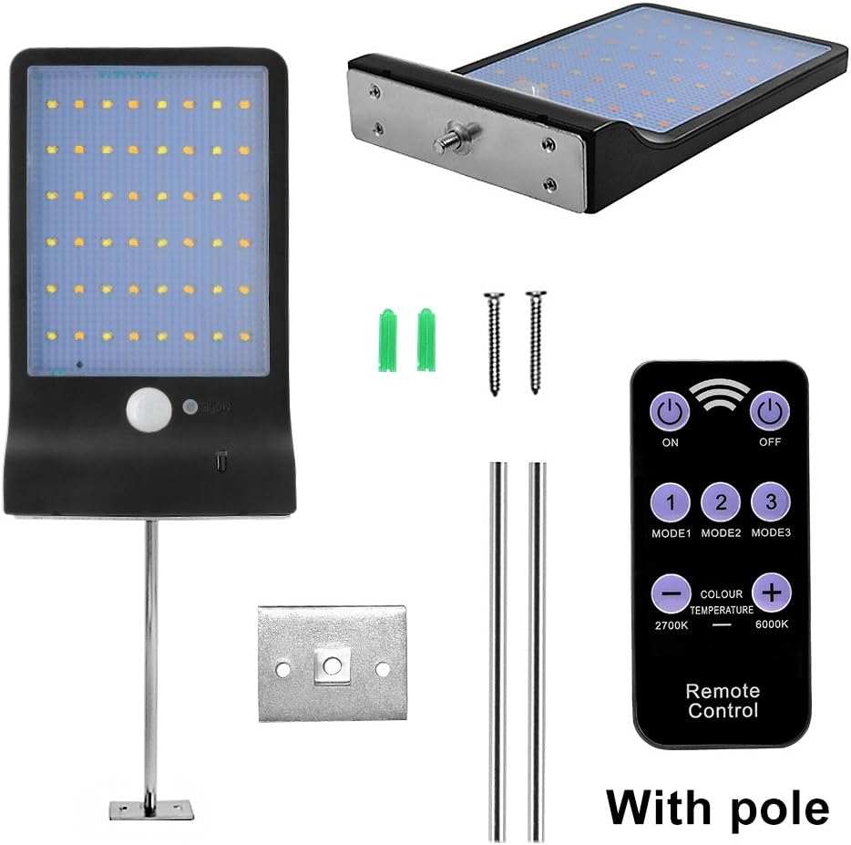 48 LED Solar Motion Sensor Lights Outdoor with Remote Controller - Solar Lights, Adjustable 7 Color IP65 Solar Power PIR Exterior Security Wall Light for Patio, Deck, Yard, Garden (Black-with Pole)