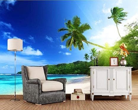 Amazon 日当たりの良い海のビーチとヤシの木の自然の風景3d壁紙リビングルームの寝室の壁紙の家の装飾の壁画 0x140cm 壁紙