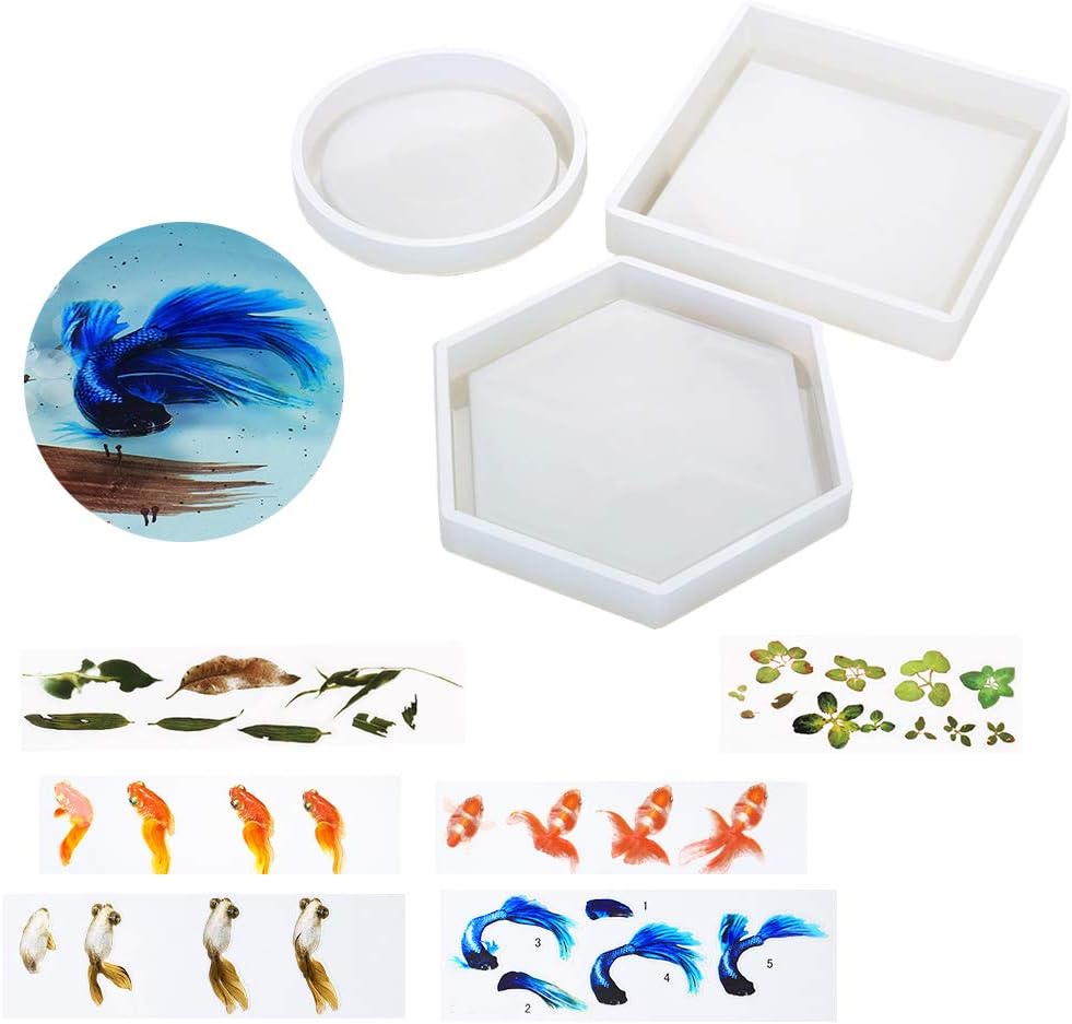 Jetloter 3 Pack DIY Coaster Silicone Mold with 6 Sheet Koi Fish Painting Sticker, Include Round, Square, Hexagon DIY Liquid Resin Molds