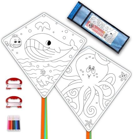 Amazon Com Diy Kites For Kids Kite Making Kit Bulk Decorating Coloring Kite Party Pack White Diamond Kite Kits 2 Pack Ready To Color Octopus Whale Toys Games