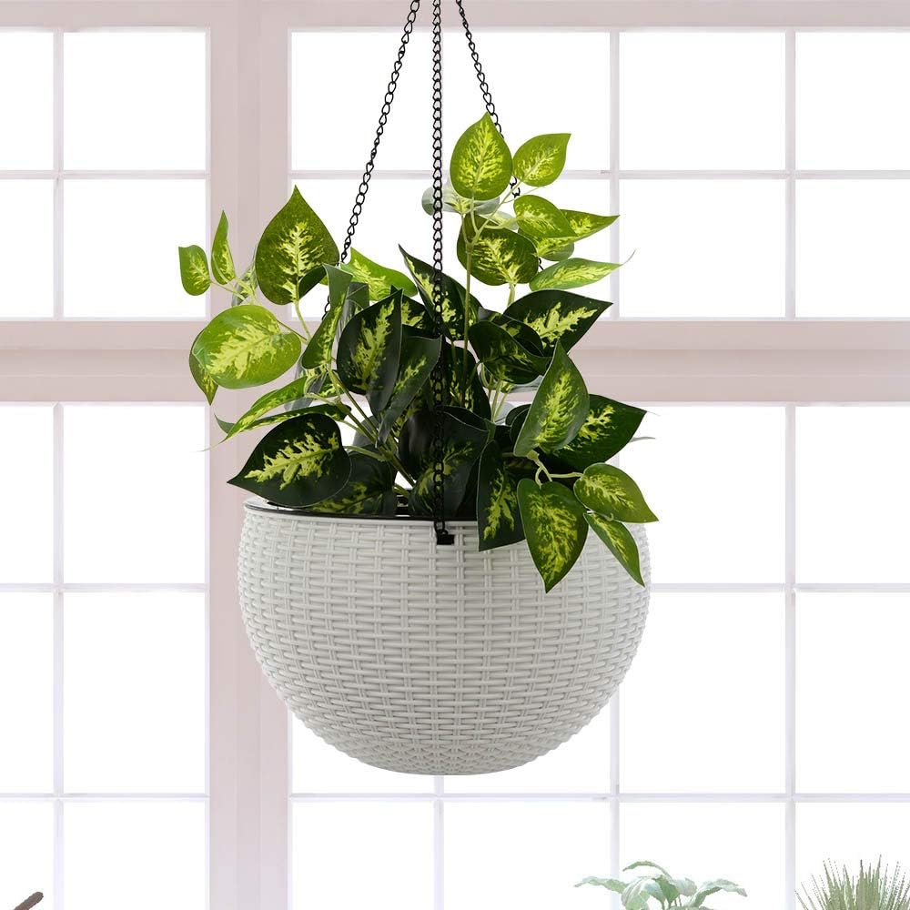 GROWNEER 2 Packs 10.2 and 8.8 Inches Hanging Basket Planters with 6 Pcs Hooks, Drainer and Chain, Plastic Self Watering Hanging Planter Hanging Pots for Indoor Outdoor Plants Flowers (White): Garden & Outdoor