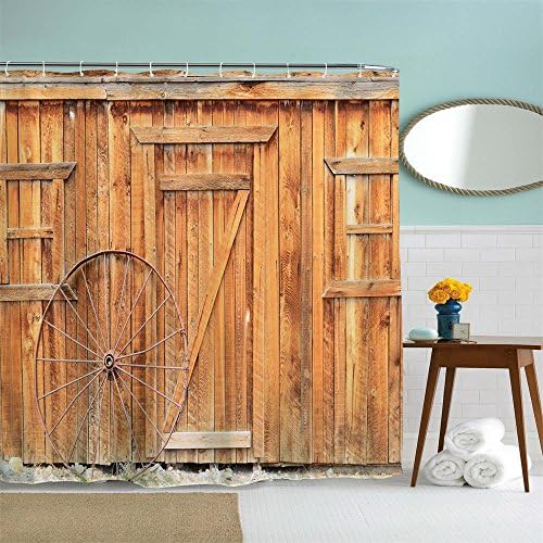LANGYS 3D Bath Curtain Waterproof Polyester Bath Curtain Bathroom Partition Curtain Cloth Bathroom Decoration the Car Wheel Wooden Door Bath Curtain (71 71 inches)