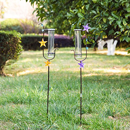 CEDAR HOME Rain Gauge Garden Stake Outdoor Wireless Glass Brass Metal Cute Professional Raingauge for Lawn Yard Patio Star Decpr 8oz. by, 6.5" W x 2.5" D x 36" H - Thumbnail 5