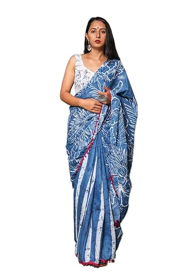 Woman�s Hand Block Cotton Mulmul Saree with Blouse (Jaipuri Print)