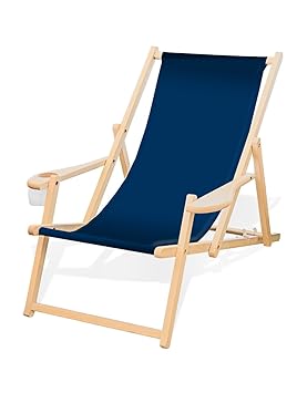 Holz-Liegestuhl mit Armlehne und Getränkehalter, Klappbar, Wechselbezug (Dunkelblau)