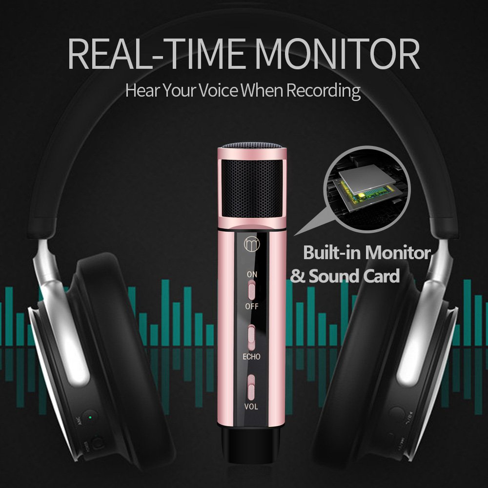 Condenser Microphone, ZealSound Plug&Play Broadcasting Recording Karaoke Microphone Home Studio w/ Mount Stand for iPhone Phone Windows/Mac Podcasters Smule Live Stream Podcasting YouTube (Rose Gold)