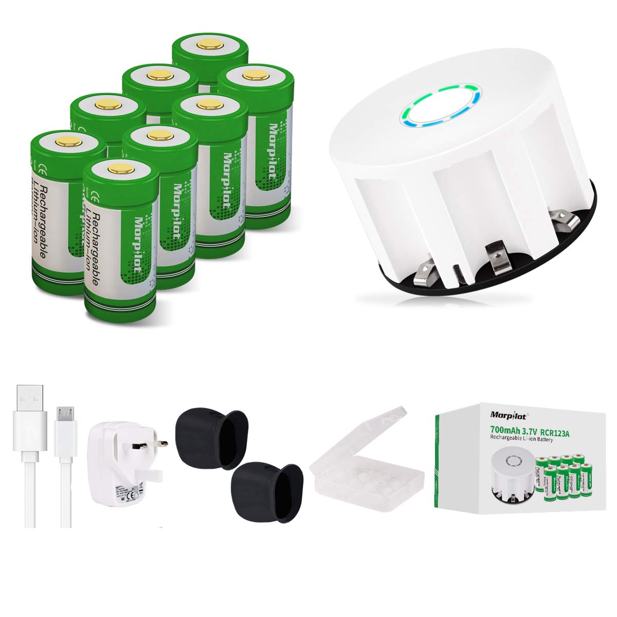 Arlo Rechargeable Batteries CR123, morpilot 3.7v 700mah RCR123A Li-ion Battery and Charger Compatible with arlo HD cameras VMS3030/3230/3330/3430 (8 Pack)