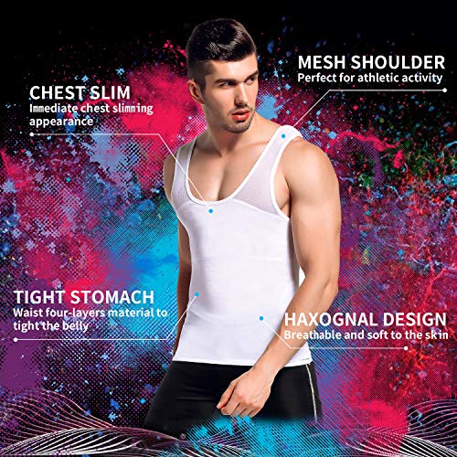 GKVK Mens Compression Shirt to Hide Gynecomastia Moobs Chest Slimming Tank Top Body Shaper Undershirt, white, Large - Thumbnail 5