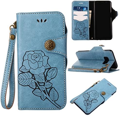 S8 Case,Samsung Galaxy S8 Cover,SMYTU Premium Emboss Sunflower Flip Wallet Shell PU Leather Magnetic Cover Skin with Wrist Strap Case (G-Blue)