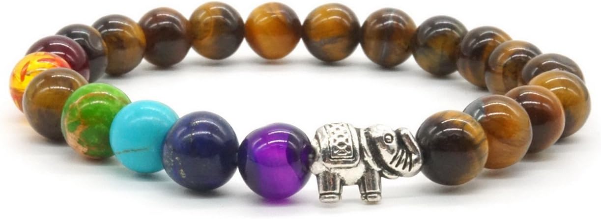 Zhubling7 Chakras Gemstone Bracelet Lava Stone with Tiger Eye and Elephant Crystal Reiki Healing Balancing Round Beads