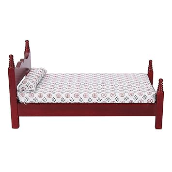 Zerone Mini Dollhouse Single Bed, 1:12 Doll House Mini Red Wooden Single Bed Furniture Accessory for Dolls