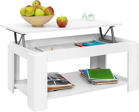Comifort Hohenverstellbarer Couchtisch Mobelstuck Mit Zeitschriftenfach Viel Stauraum Moderner Stil Sehr Belastbar Farbe Weiss Und Eiche Amazon De Kuche Haushalt