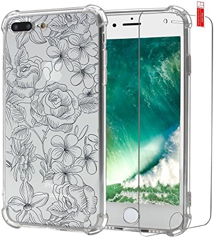 iPhone 7 Plus Case Floral, Air Cushion Soft Hybird TPU Bumper Shockproof Slim Armor Clear Protective Case and Tempered Glass Screen Protector with Art Flowers Design for Apple iPhone 7 Plus 5.5 Inch