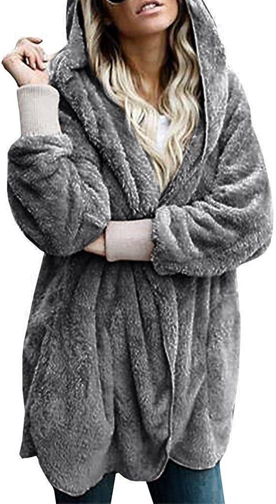 Wollsolo Womens Cardigans Faux Fur Open Front Sherpa Hoodie Oversized Sweater with Pocket