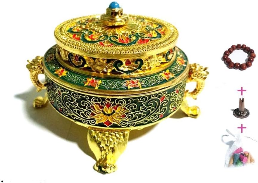 Golden Tibetan Incense Burner Holder for Sticks Cones Coils, Antique Metal Lotus Tibet Decor Chinese Incense Burner