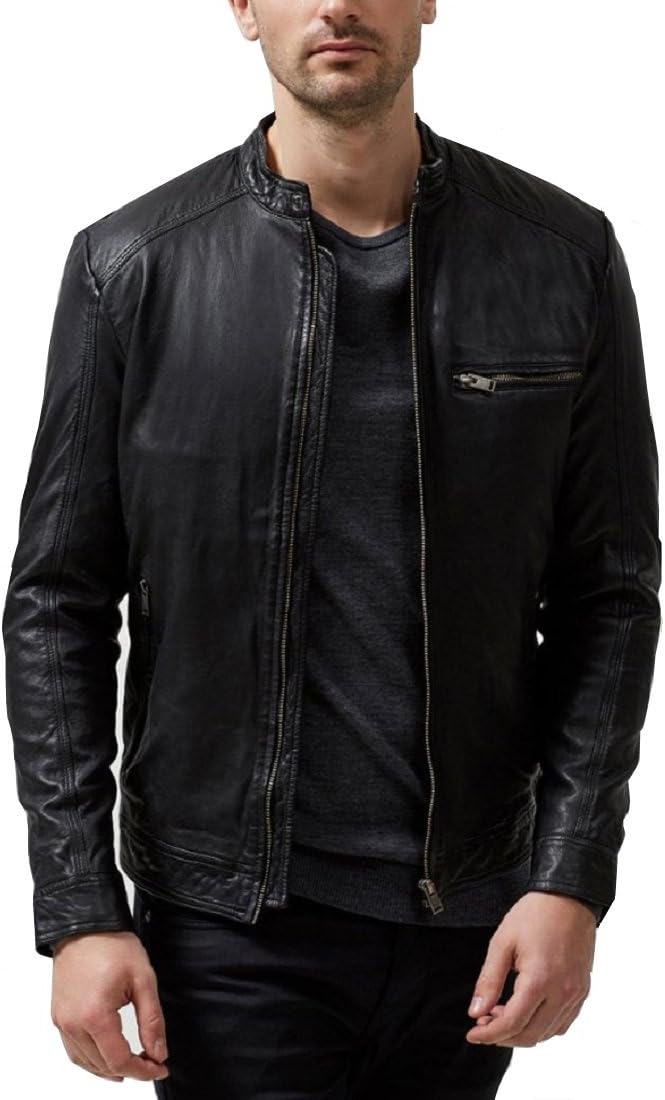 Absolute Leather Men's Sparta Black Classic Genuine Lambskin Leather Jacket