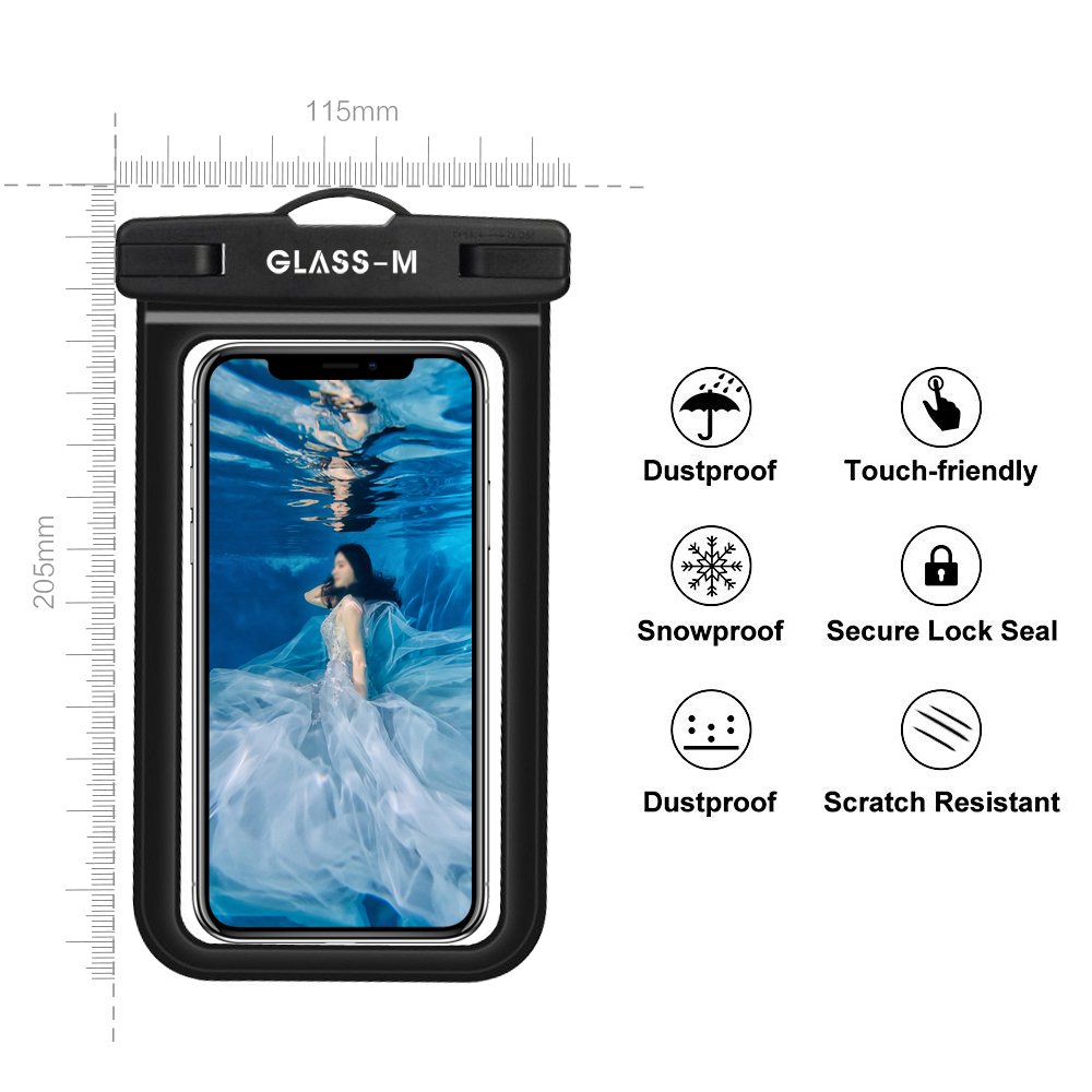 GLASS-M Universal Waterproof Case, Phone Dry Bag Pouch with Neck Strap for iPhone X/8/7/6/6S Plus, Samsung Galaxy S9/S8/S7 Edge/Note 8 6 5 4, Google Pixel 2 XL up to 6.0\