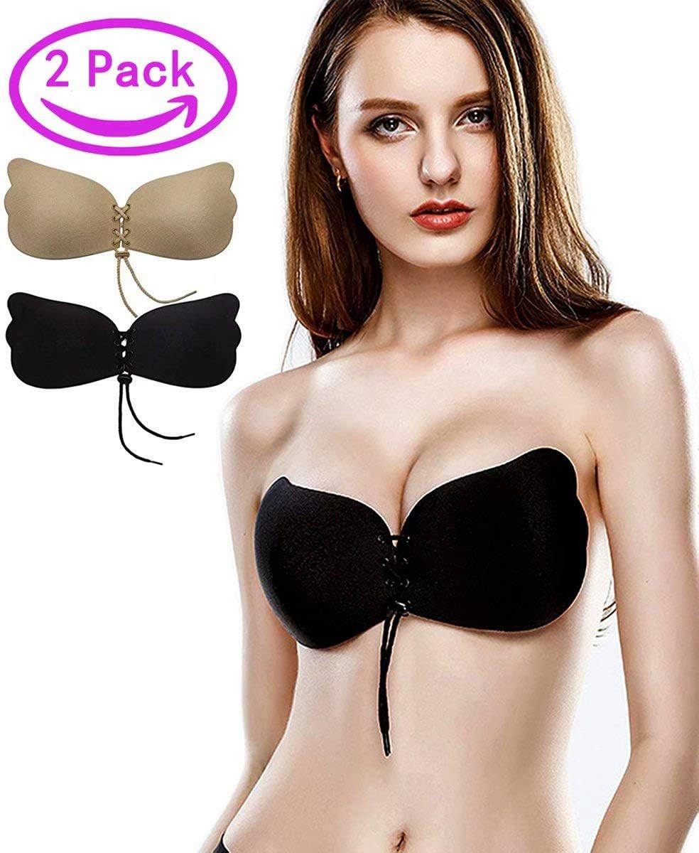 Kingoudoor Backless Strapless Bra Pushup Self Adhesive Bras for Women C Beige and Black