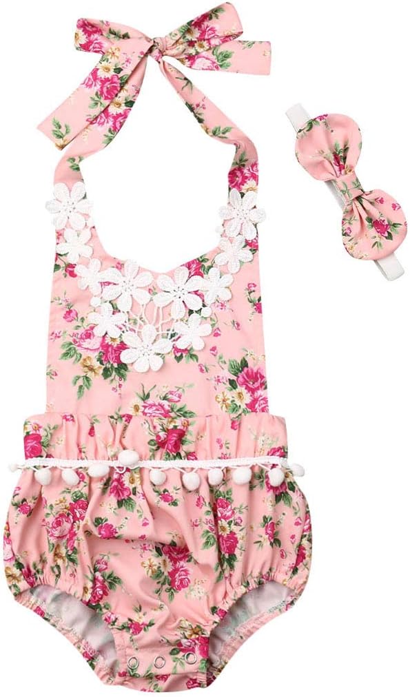 Mioliknya Newborn Baby Girls Summer Floral Print Sleeveless Romper Bodysuit Clothes One-Pieces Outfits with Headband 2PCS