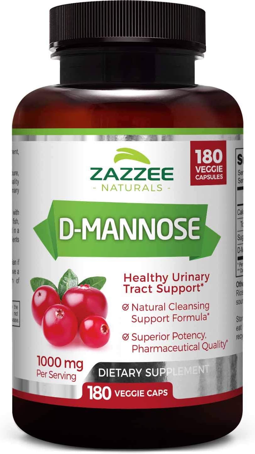 Zazzee D-Mannose 180 Veggie Capsules, 1000 mg per Serving, Pure, Potent and Fast-Acting, Extra Strength Dosage, Vegan, Non-GMO and All-Natural: Health & Personal Care