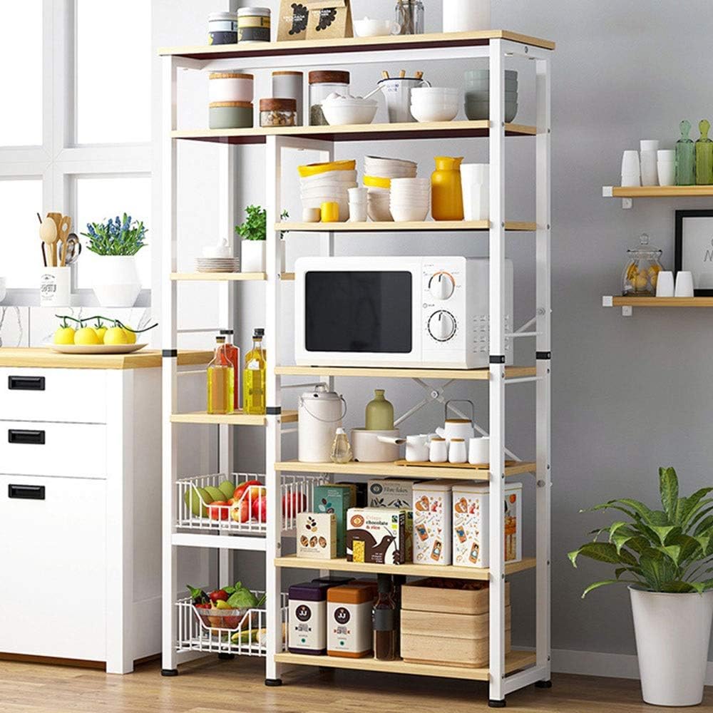 NgMik Durable Multi-Purpose 6-Tier+7-Tier Storage Shelf Kitchen Baker's Rack Microwave Stand With 2 Wire Basket Microwave Oven Rack Kitchen Cabinet Shelf (Color : Brown, Size : Free size)