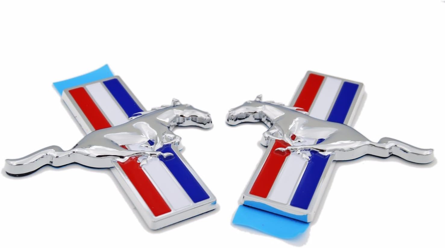 (Pair) Chrome Tri-bar Running Pony Horse Fender Side Emblem Badge for Ford Mustang by PartsTo