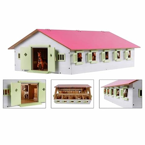 Van Manen Kids Globe Farming Reiterhof, Bauernhof mit 9 Pferdeboxen, Pferdehof aus Holz, mit Faltdach, 610188, rosa