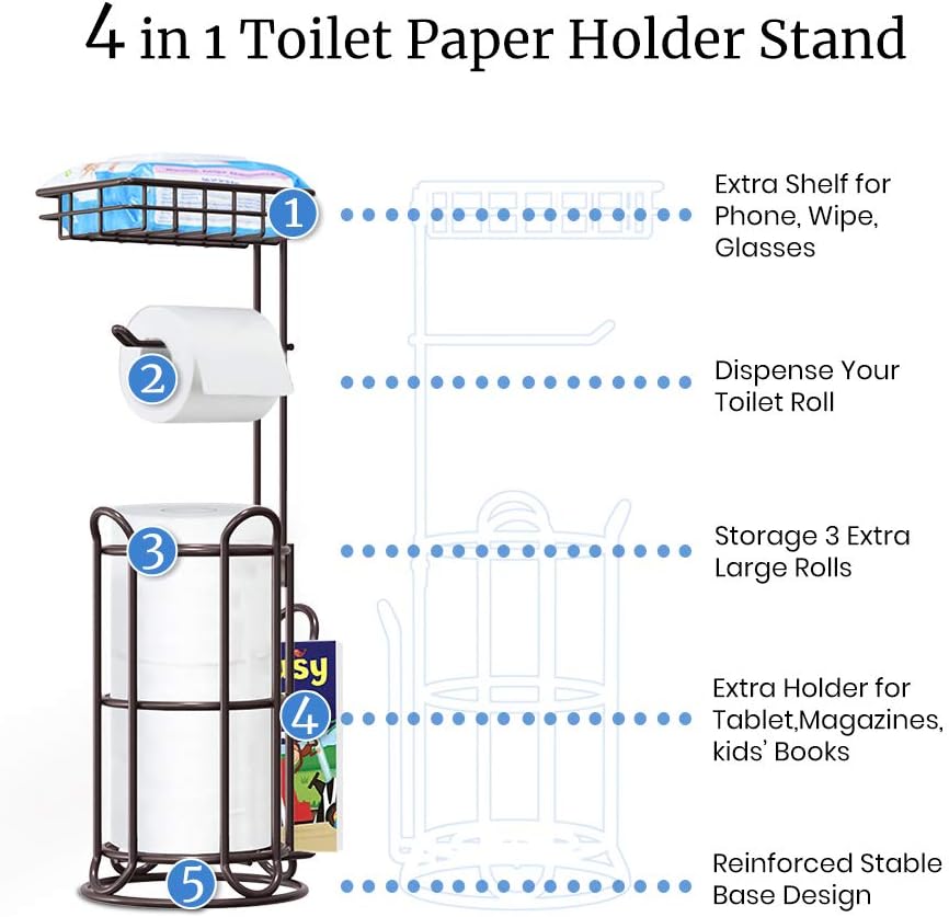 [Upgrade] Toilet Paper Holder Stand with Shelf Tissue Holders for Bathroom FreeStanding Bath Tissue Roll Holder for Mega Rolls/Phone/Wipe/Magazine-Bronze: Kitchen & Dining