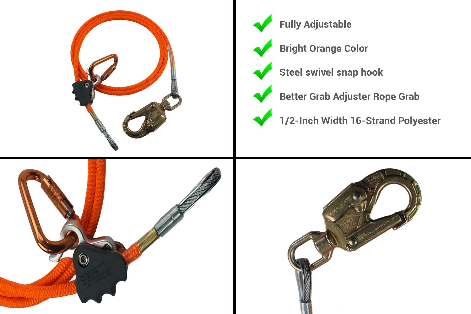 Adjustable Rope Lanyard Tree Climbers ProClimb Steel Wire Core Flip