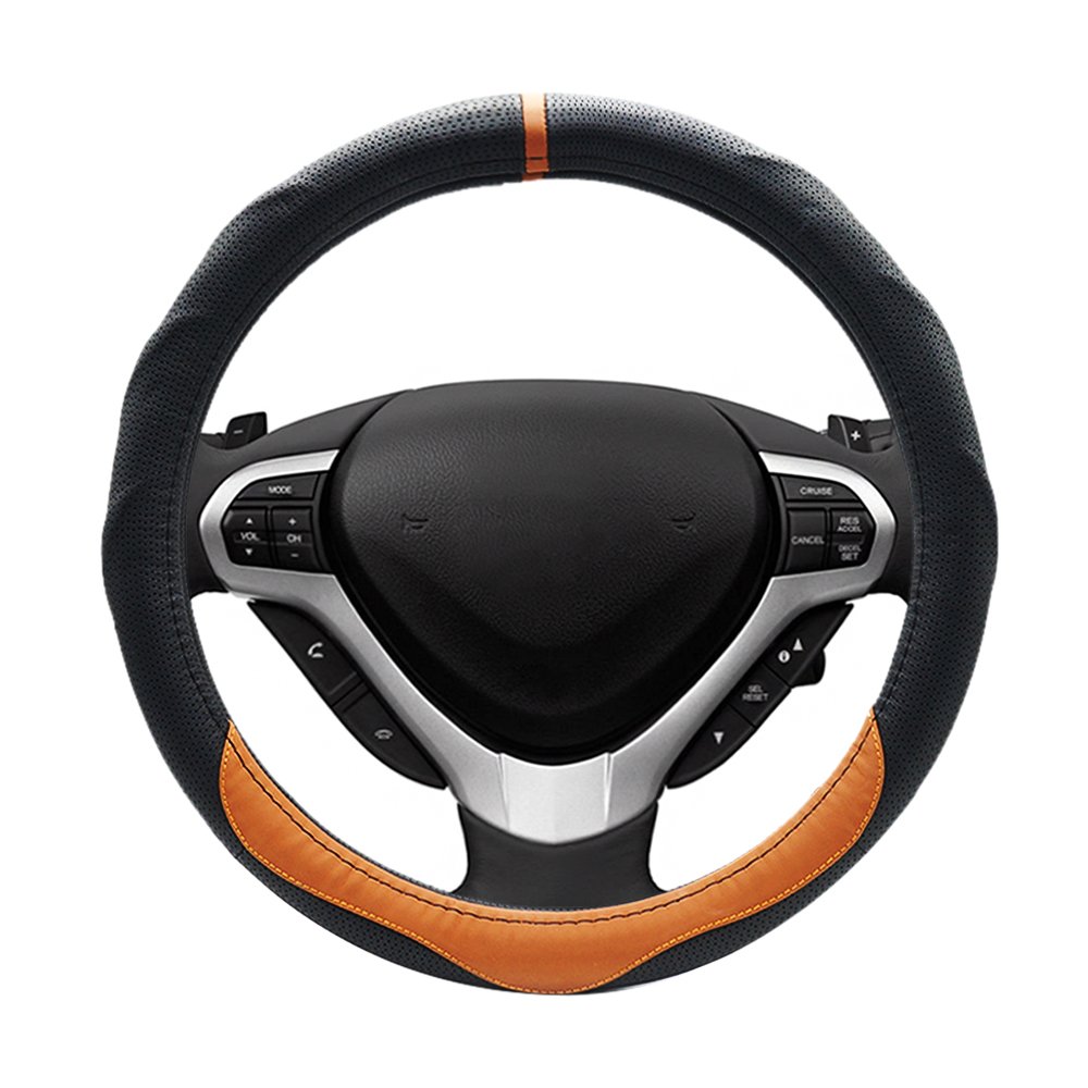 LOCEN Genuine Leather Steering Wheel Cover Universal Car Outer Diameter 38cm/15\