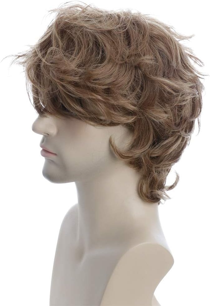 Karlery Male Mens Short Curly Fluffy Brown Wig with Bang Halloween Cosplay Wig - Image 3