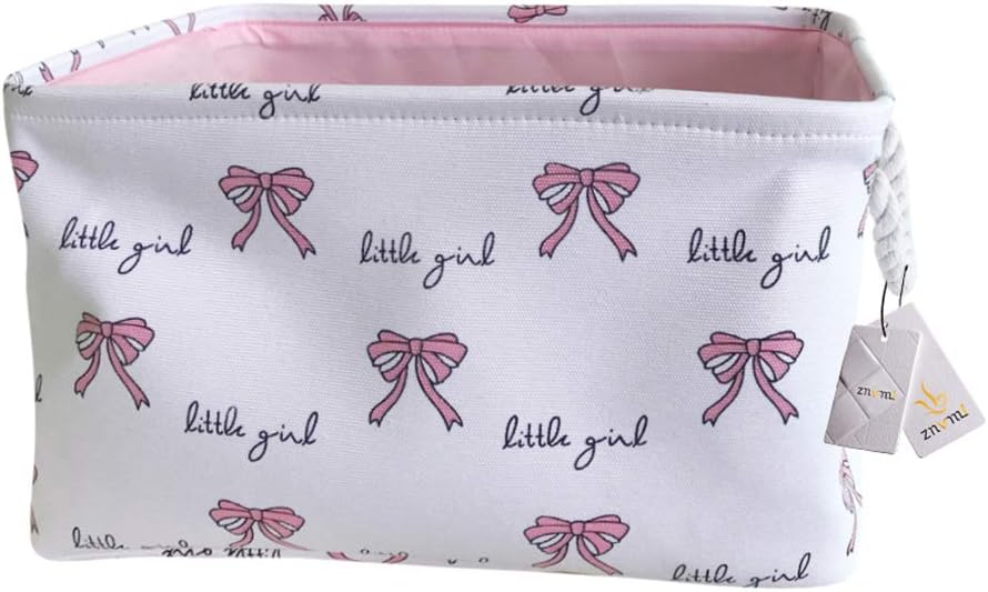 Znvmi Large Rectangular Storage Basket Baby Girls Toy Box Foldable Fabric Canvas Hamper for Laundry, Nursery, Closet, Shelf - Bowknot/White