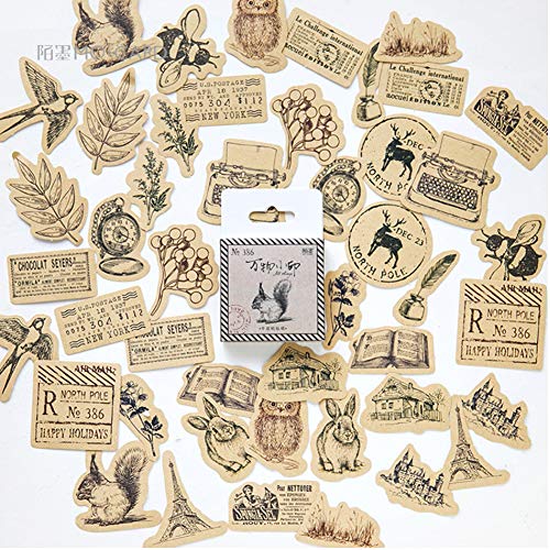 Kawaii Vintage Paper Stationery Sticker Set Animal Plant Owl Rabbit Bird Pocket Watch Famous Painting Hot Air Balloon Hemisphere for Gift Packing Scrapbooking Album Planner Journal Arts DIY Craft