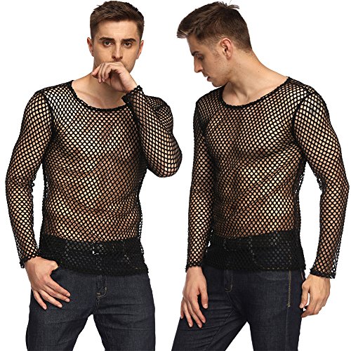 HEQU Men's Club Wear See Through Long Sleeve Fishnet Mesh Shirt Black L
